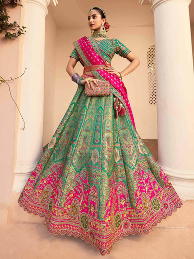 Stunning Teal Green Sequins Embroidered Banarasi Silk Lehenga Choli
